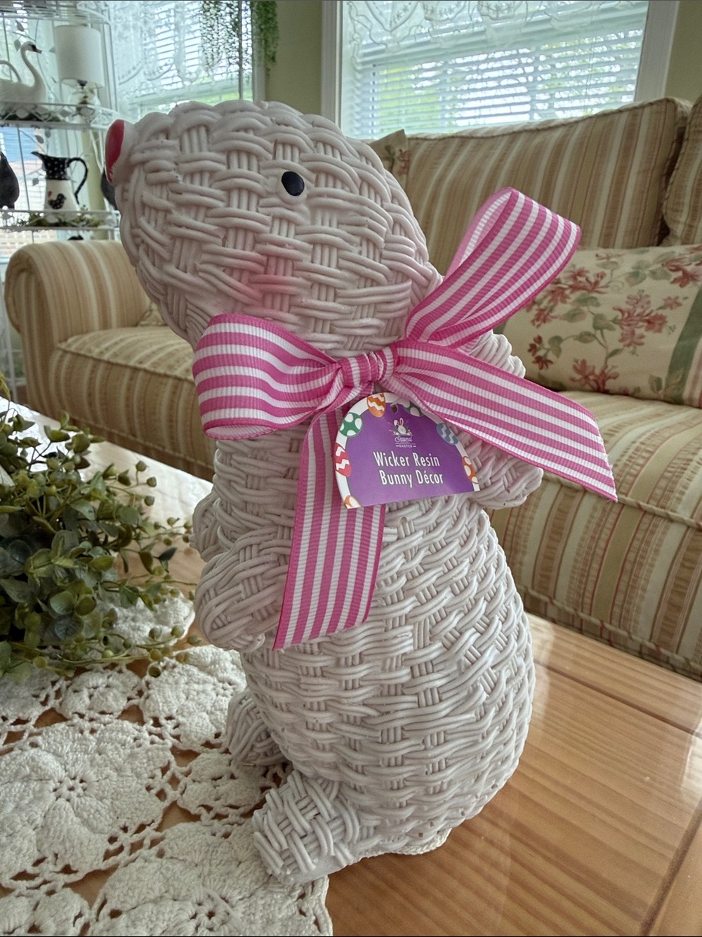NWT ~ Wicker~Look Resin Bunny Decor with Pink Striped Bow